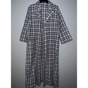 Vintage Handmade Wool Duster Coat Women L Blue Pink Plaid Excellent Longline